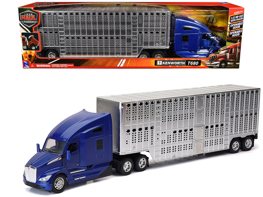 Kenworth T680 Truck Blue Metallic with Livestock Trailer Chrome "Long Haul Trucker" Series 1/32 Diecast Model by New Ray LuxuryLifeWay Online Store
