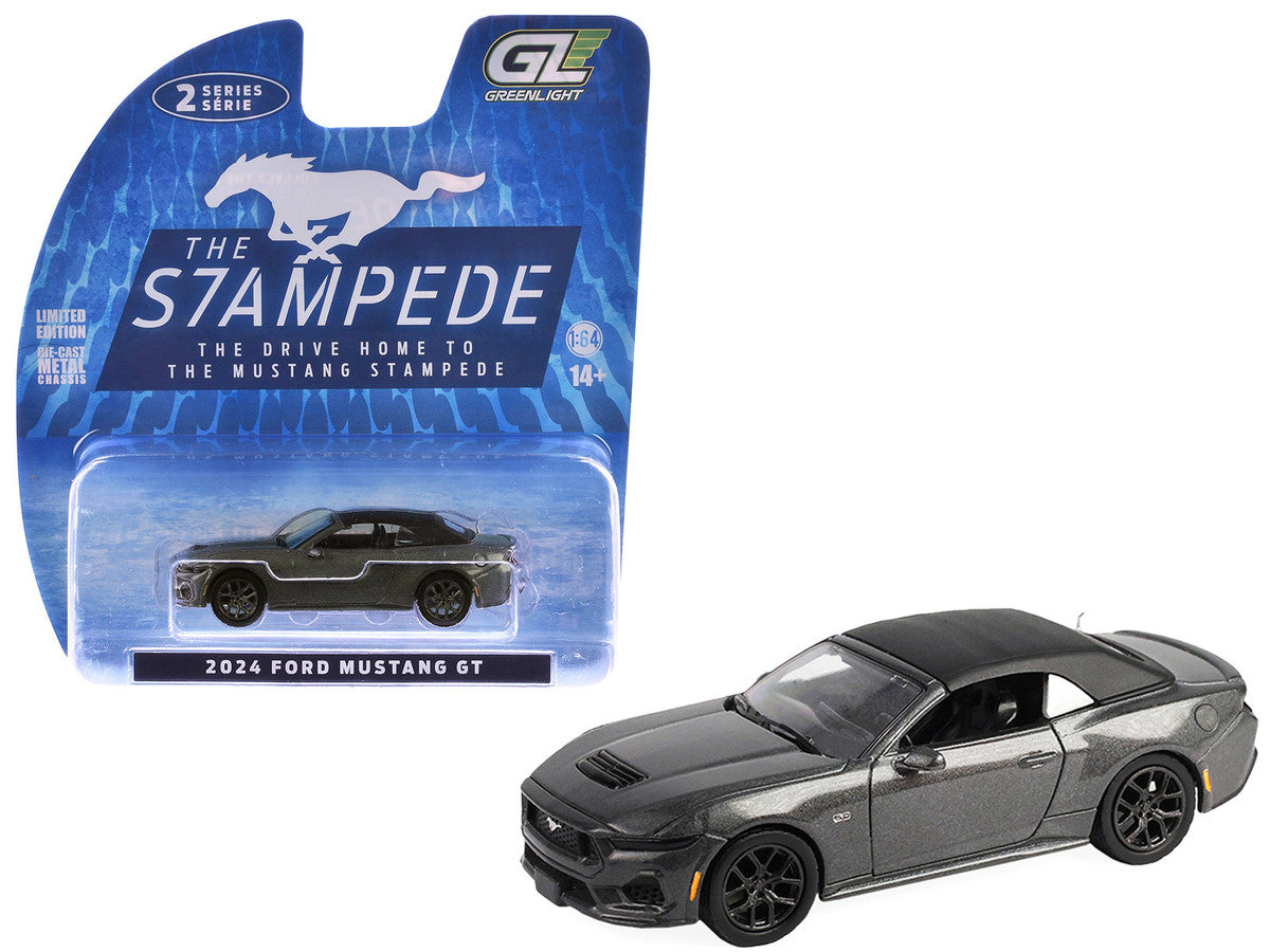 2024 Ford Mustang GT 5.0 Convertible Dark Matter Gray Metallic with Black Soft Top "Stampede" Series 2 1/64 Diecast Model Car by Greenlight LuxuryLifeWay Online Store
