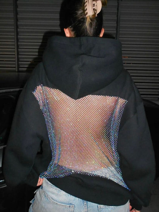 Casual Patchwork Mesh Diamond Hooded Sweatshirt NorixaFashion.com