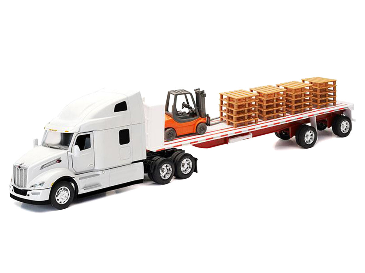 Peterbilt 579 Truck White with Flatbed Trailer White and Load of Forklift and Pallets "Long Haul Truckers" Series 1/32 Diecast Model by New Ray LuxuryLifeWay Online Store