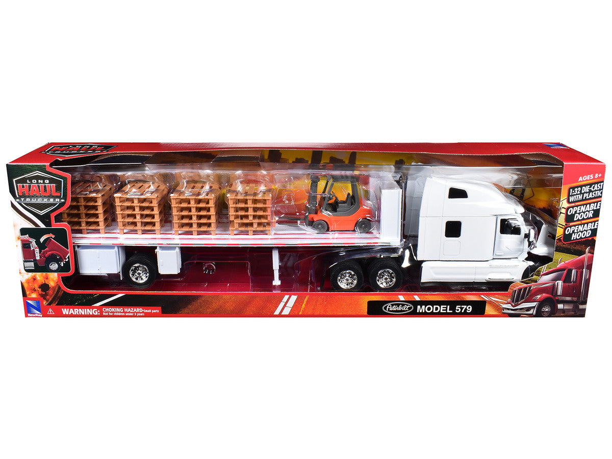 Peterbilt 579 Truck White with Flatbed Trailer White and Load of Forklift and Pallets "Long Haul Truckers" Series 1/32 Diecast Model by New Ray LuxuryLifeWay Online Store