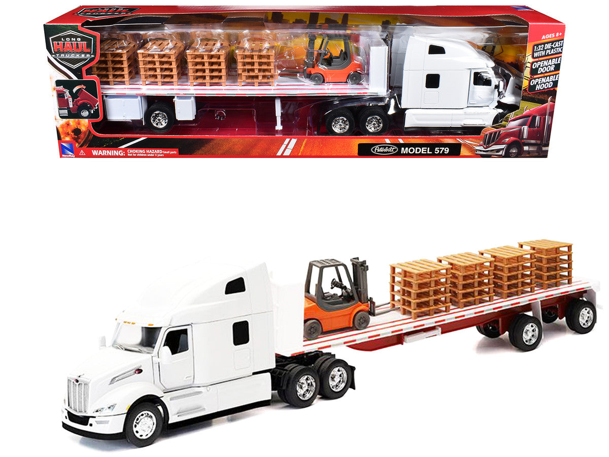 Peterbilt 579 Truck White with Flatbed Trailer White and Load of Forklift and Pallets "Long Haul Truckers" Series 1/32 Diecast Model by New Ray LuxuryLifeWay Online Store