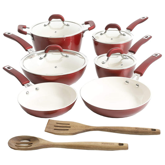 Kenmore Arlington 12 Piece Aluminum Ceramic Coated Nonstick Cookware Set in Metallic Red LuxuryLifeWay Online Store