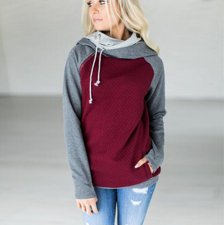 Paneled hooded zipper long sleeve sweatshirt