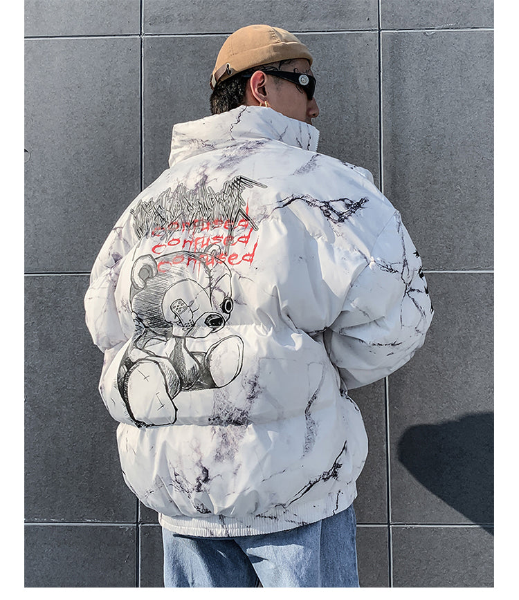 Bear graffiti stand collar cotton coat