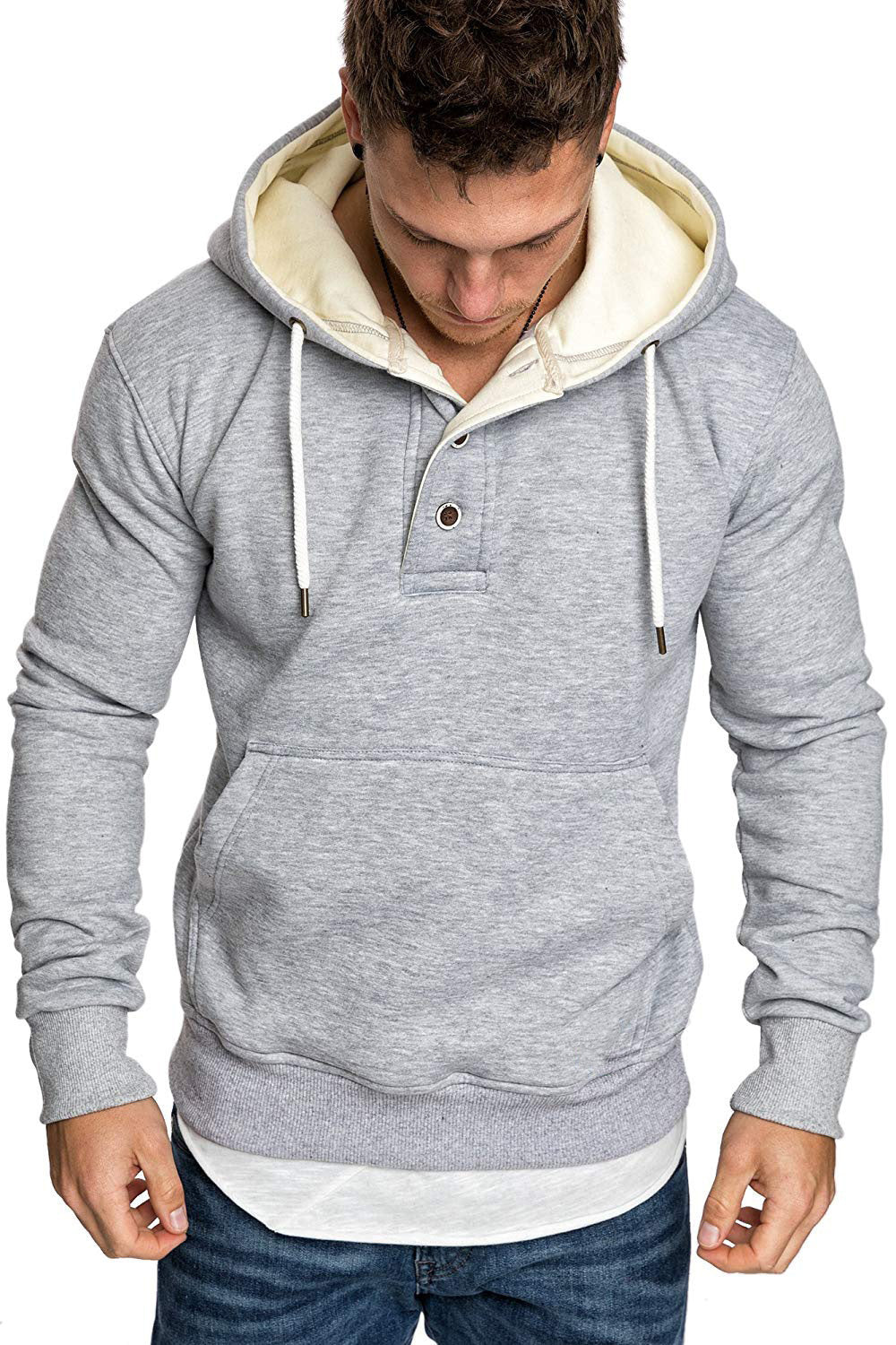 Button-Trim Hooded Fleece Sweatshirt - Cotton Blend Pullover with Pockets