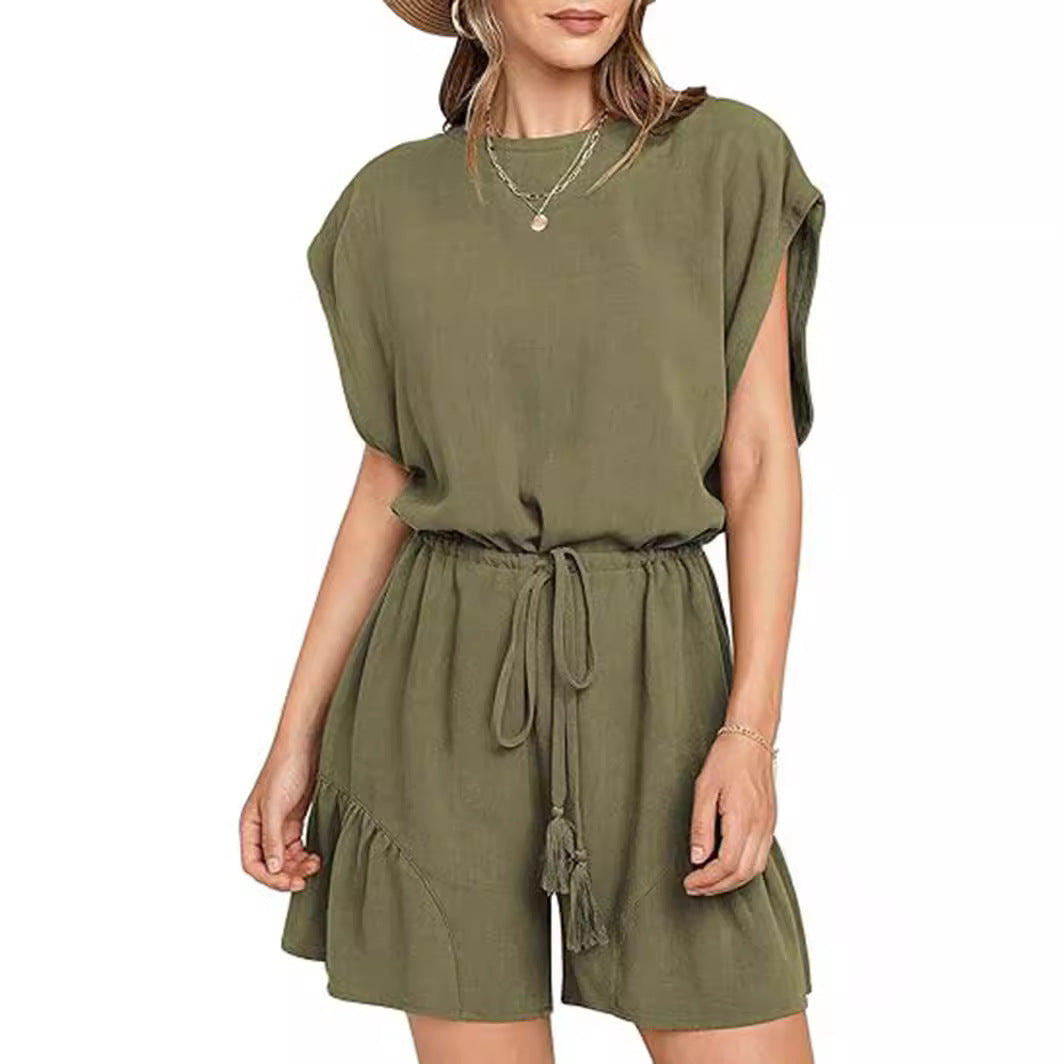 Cotton And Linen Jumpsuit Loose Waist Short Sleeve Women LadyShow.Store