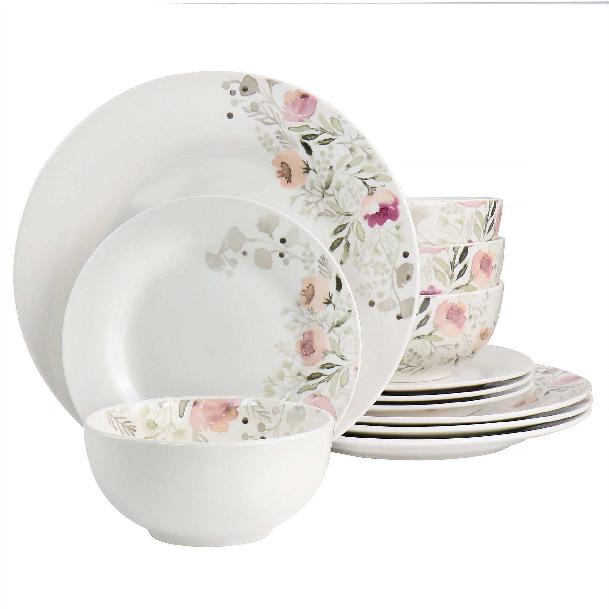 Gibson Home Lily Garden Ceramic 12 Piece Dinnerware Set in White and Pink LuxuryLifeWay Online Store