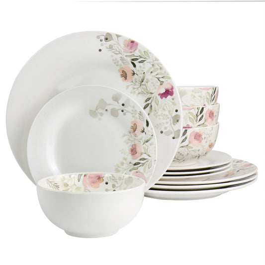 Gibson Home Lily Garden Ceramic 12 Piece Dinnerware Set in White and Pink LuxuryLifeWay Online Store