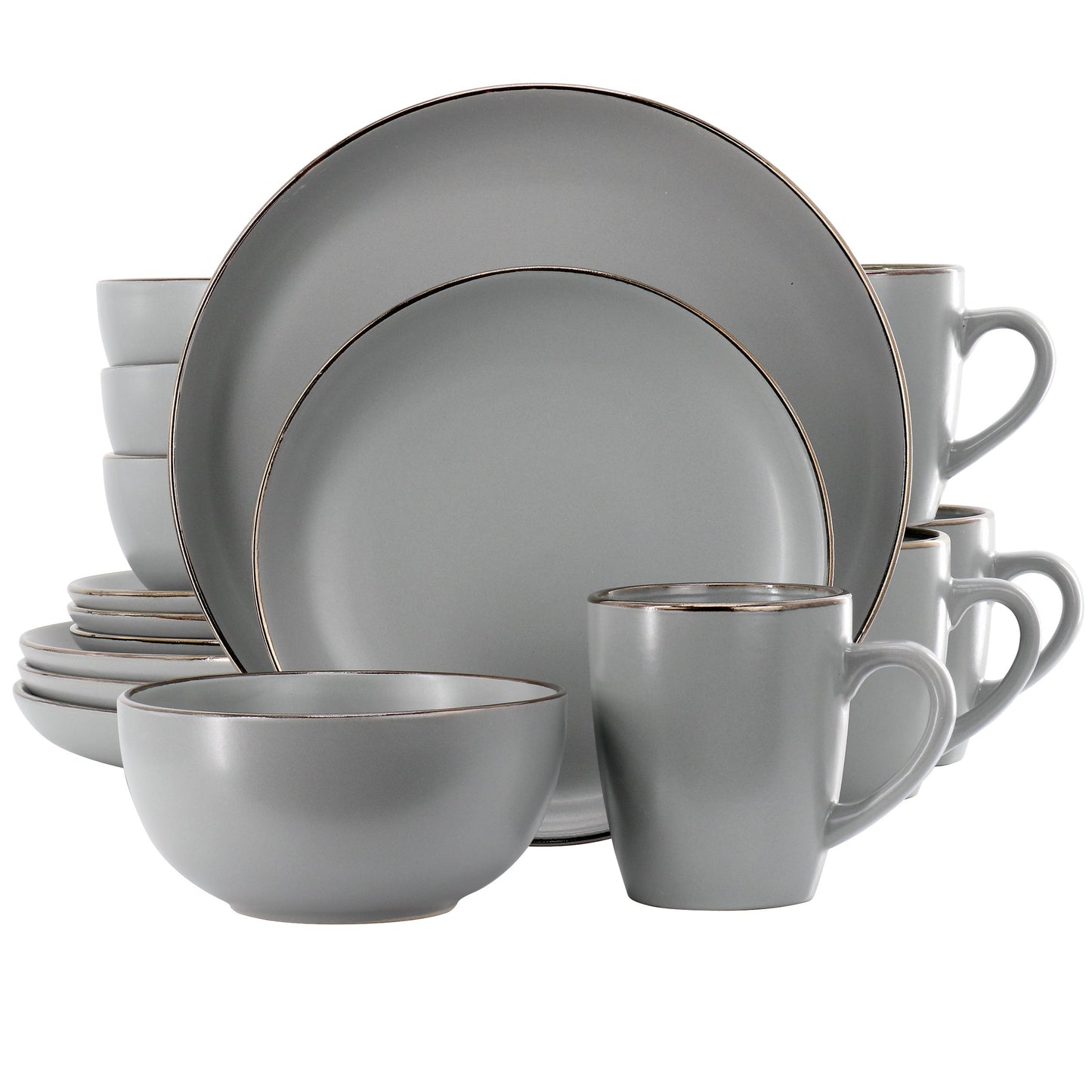 Gibson Home Rockaway 16 Piece Stoneware Gold Rimmed Dinnerware Set in Grey LuxuryLifeWay Online Store