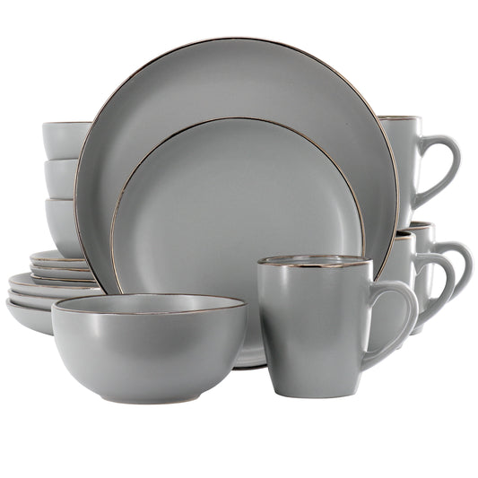 Gibson Home Rockaway 16 Piece Stoneware Gold Rimmed Dinnerware Set in Grey LuxuryLifeWay Online Store