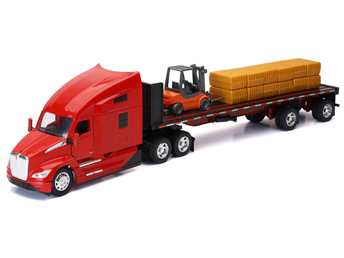 Kenworth T680 Truck Red and Flatbed Trailer with Forklift and Hay Load "Long Haul Trucker" Series 1/32 Diecast Model by New Ray LuxuryLifeWay Online Store
