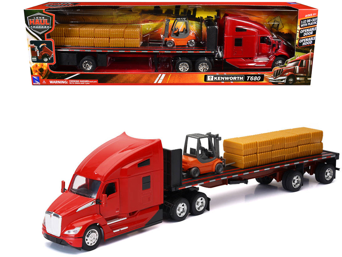 Kenworth T680 Truck Red and Flatbed Trailer with Forklift and Hay Load "Long Haul Trucker" Series 1/32 Diecast Model by New Ray LuxuryLifeWay Online Store