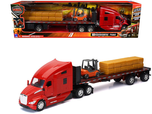 Kenworth T680 Truck Red and Flatbed Trailer with Forklift and Hay Load "Long Haul Trucker" Series 1/32 Diecast Model by New Ray LuxuryLifeWay Online Store