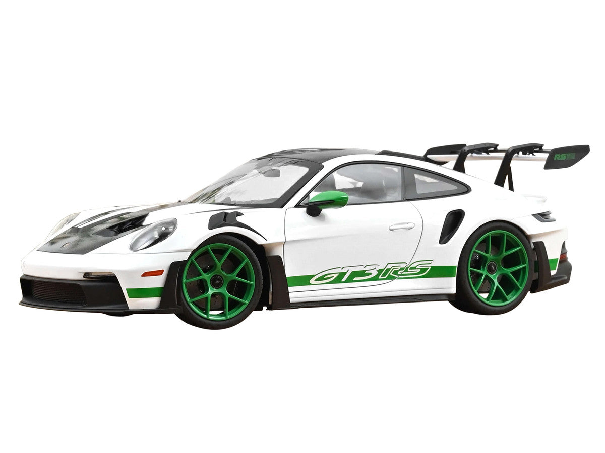 2022 Porsche 911 GT3 RS with Weissach Pack "Tribute to Carrera RS" White with Carbon Hood and Top and Python Green Stripes 1/12 Diecast Model Car by Norev LuxuryLifeWay Online Store