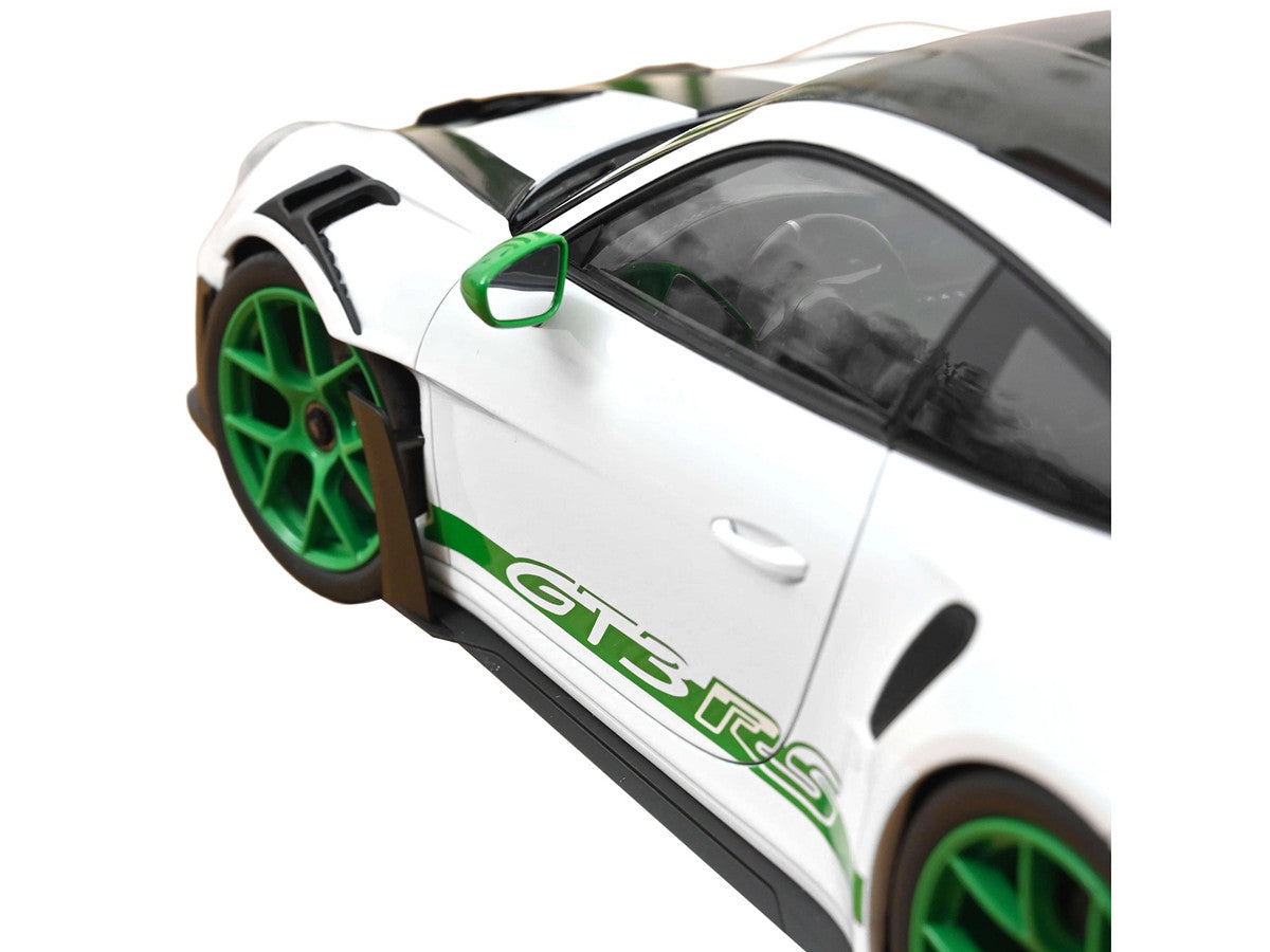 2022 Porsche 911 GT3 RS with Weissach Pack "Tribute to Carrera RS" White with Carbon Hood and Top and Python Green Stripes 1/12 Diecast Model Car by Norev LuxuryLifeWay Online Store