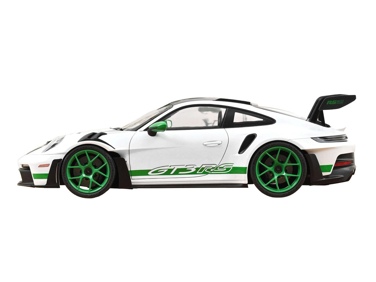 2022 Porsche 911 GT3 RS with Weissach Pack "Tribute to Carrera RS" White with Carbon Hood and Top and Python Green Stripes 1/12 Diecast Model Car by Norev LuxuryLifeWay Online Store