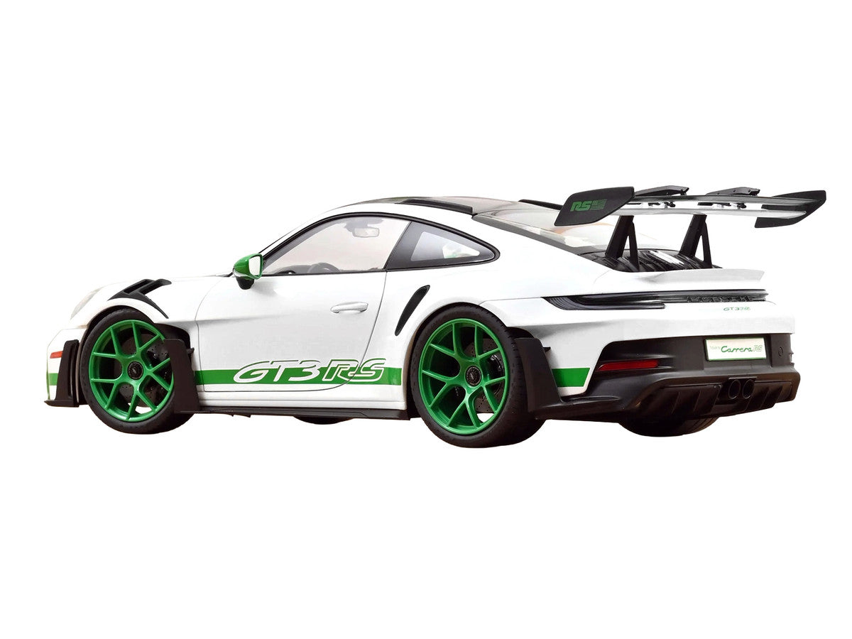 2022 Porsche 911 GT3 RS with Weissach Pack "Tribute to Carrera RS" White with Carbon Hood and Top and Python Green Stripes 1/12 Diecast Model Car by Norev LuxuryLifeWay Online Store