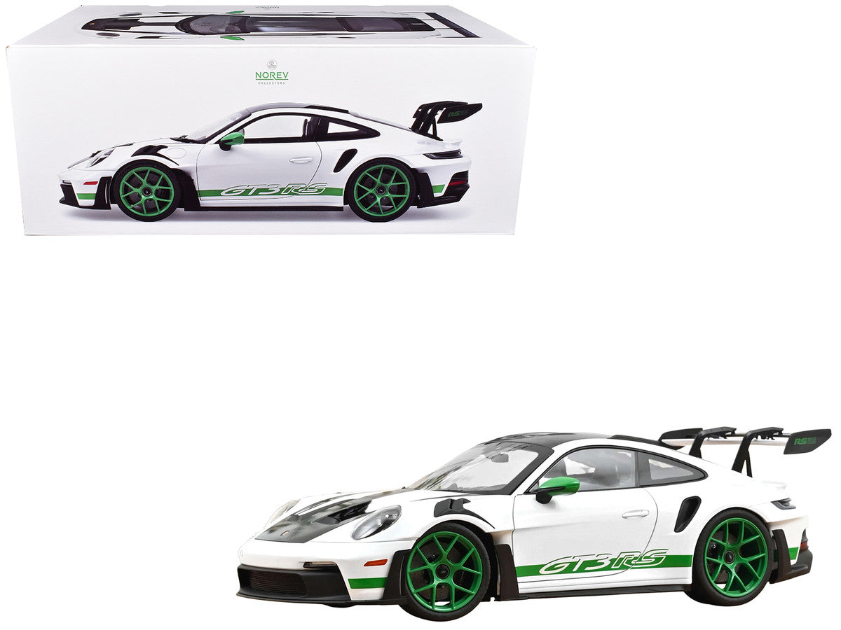 2022 Porsche 911 GT3 RS with Weissach Pack "Tribute to Carrera RS" White with Carbon Hood and Top and Python Green Stripes 1/12 Diecast Model Car by Norev LuxuryLifeWay Online Store