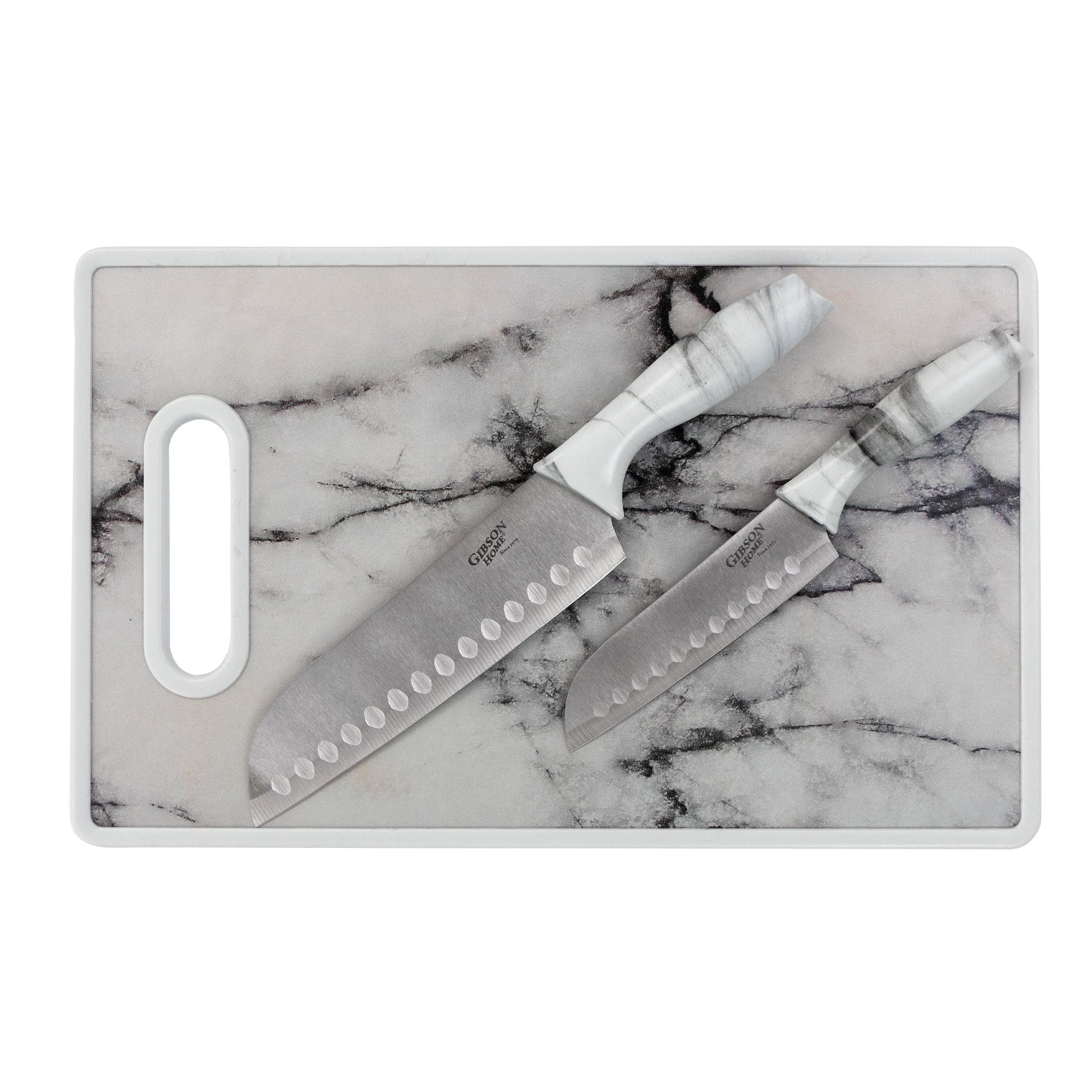 Gibson Home Beaumont 3 Piece Stainless Steel Santoku Knife Set with Cutting Board in White Marble LuxuryLifeWay Online Store