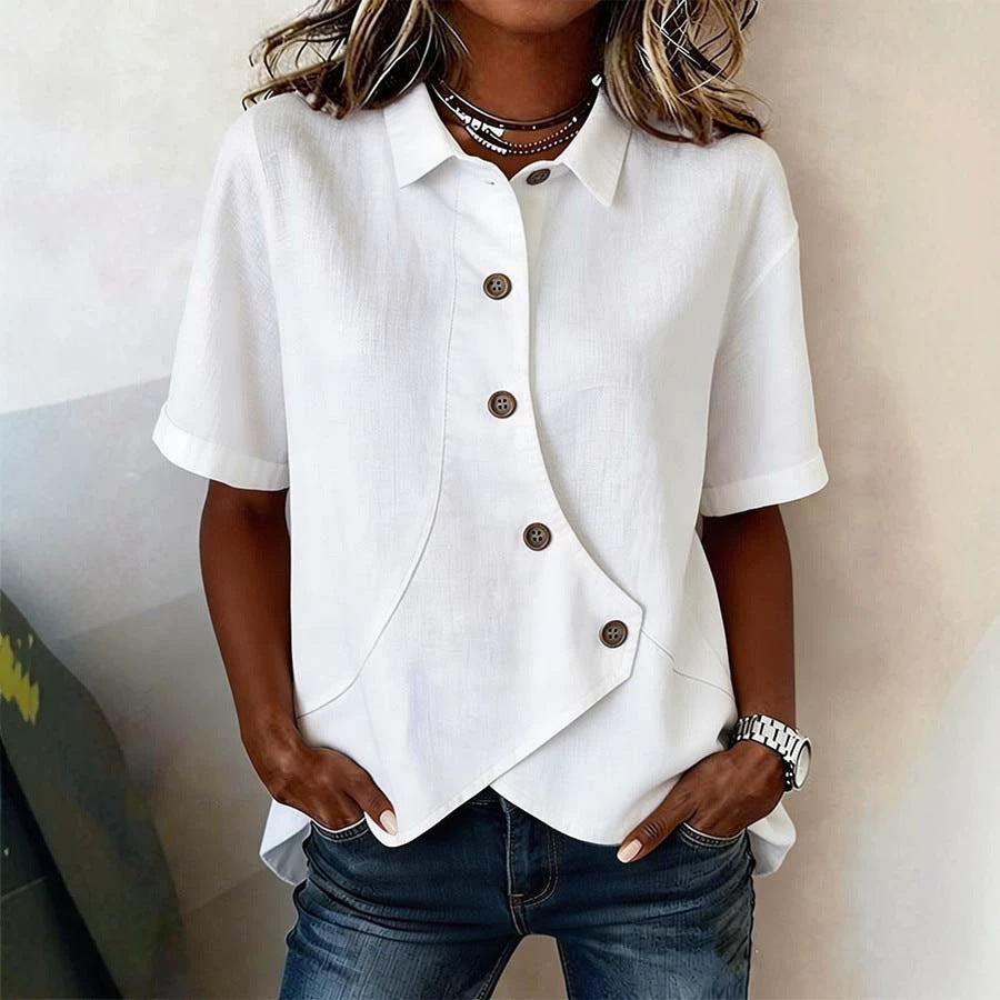 Summer Asymmetrical Shirt Solid-color Loose-fitting Lepal Tops Women's Clothing NorixaFashion.com