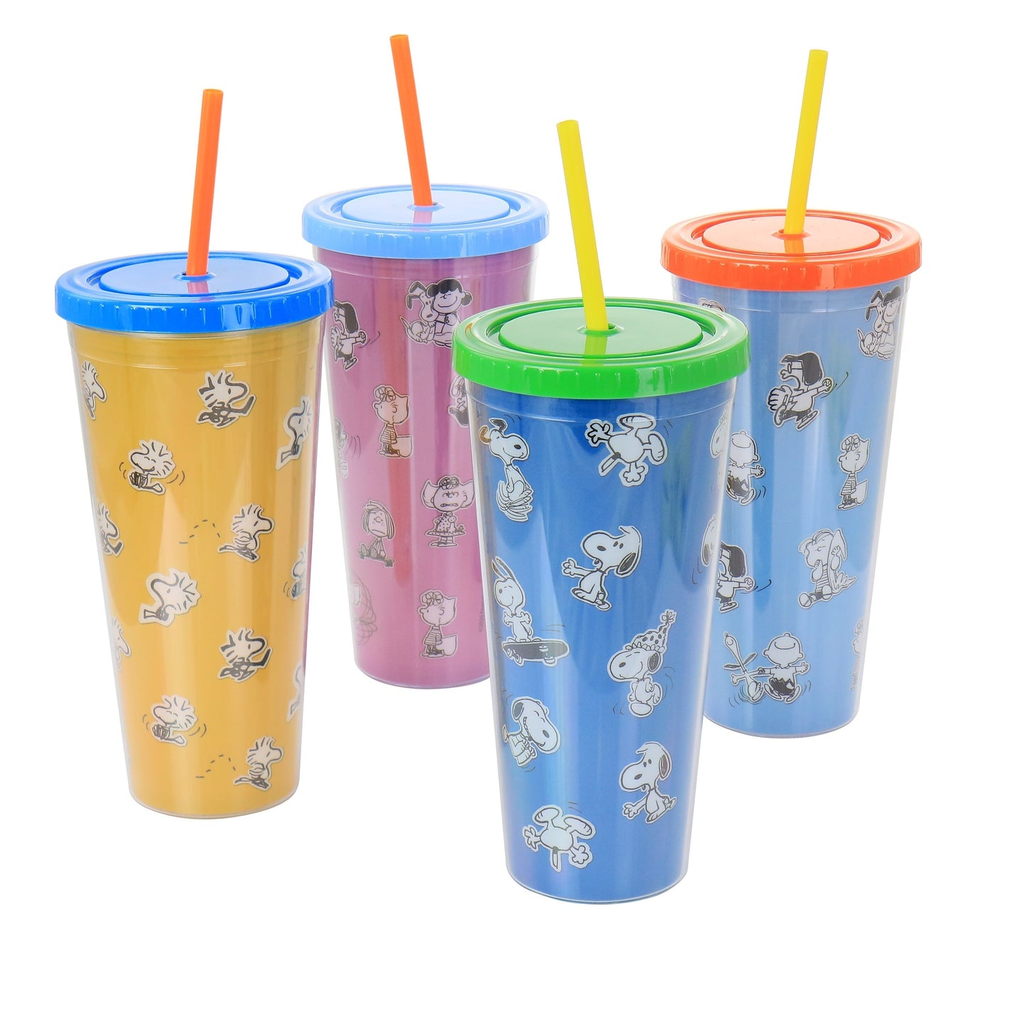 Gibson Peanuts 70th Anniversary 4 Piece Plastic 23.6oz Tumbler set with Lid and Straw in Assorted Colors LuxuryLifeWay Online Store