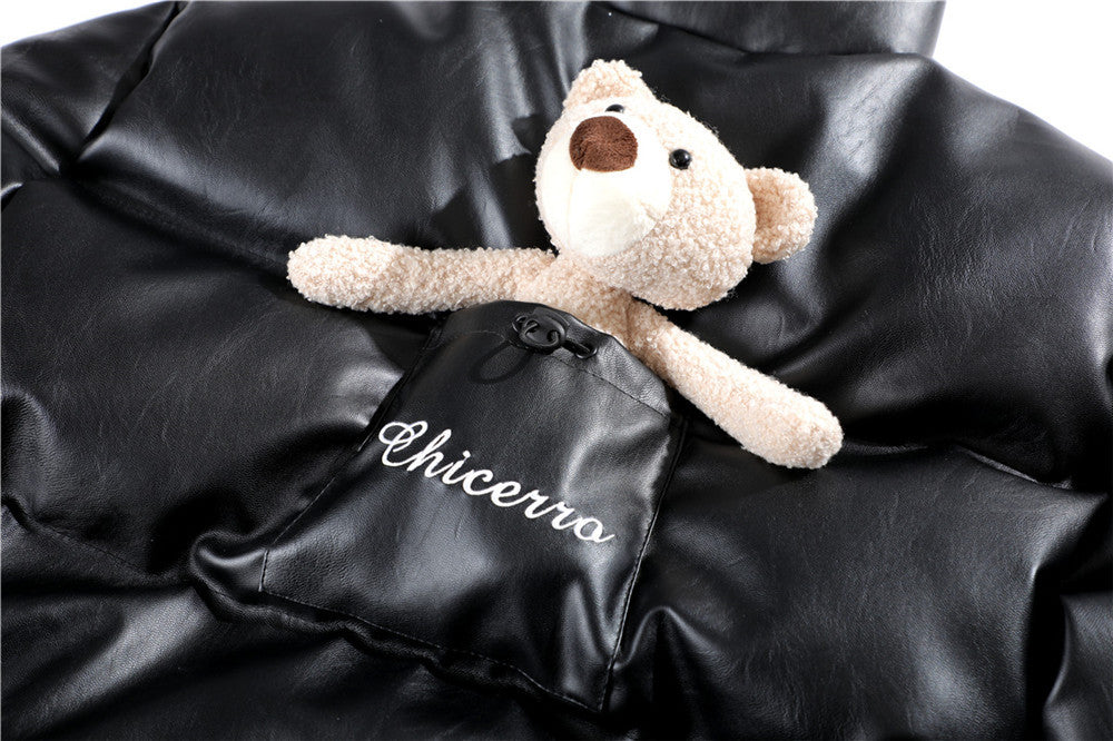 Bear decoration PU leather cotton jacket