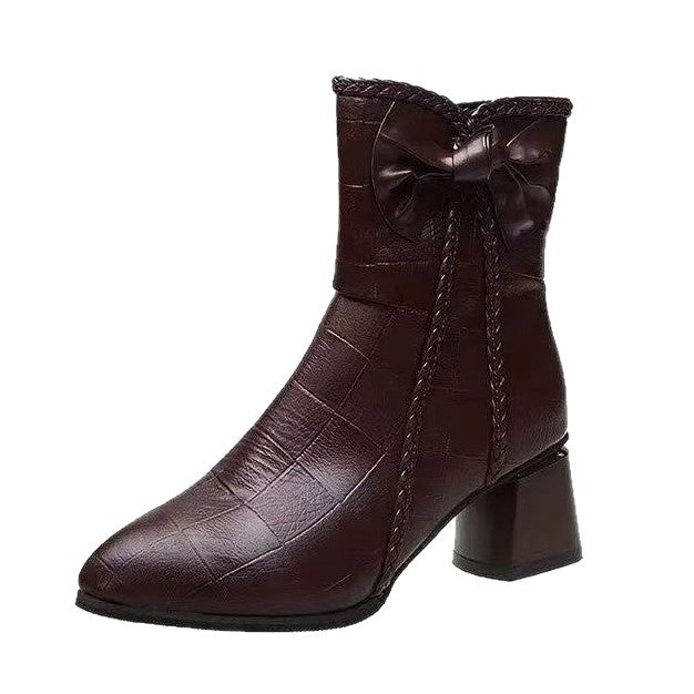 New Fallwinter Velvet Lined Fashion Leather Boots Mid Calf High Heeled Boots LadyShow.Store
