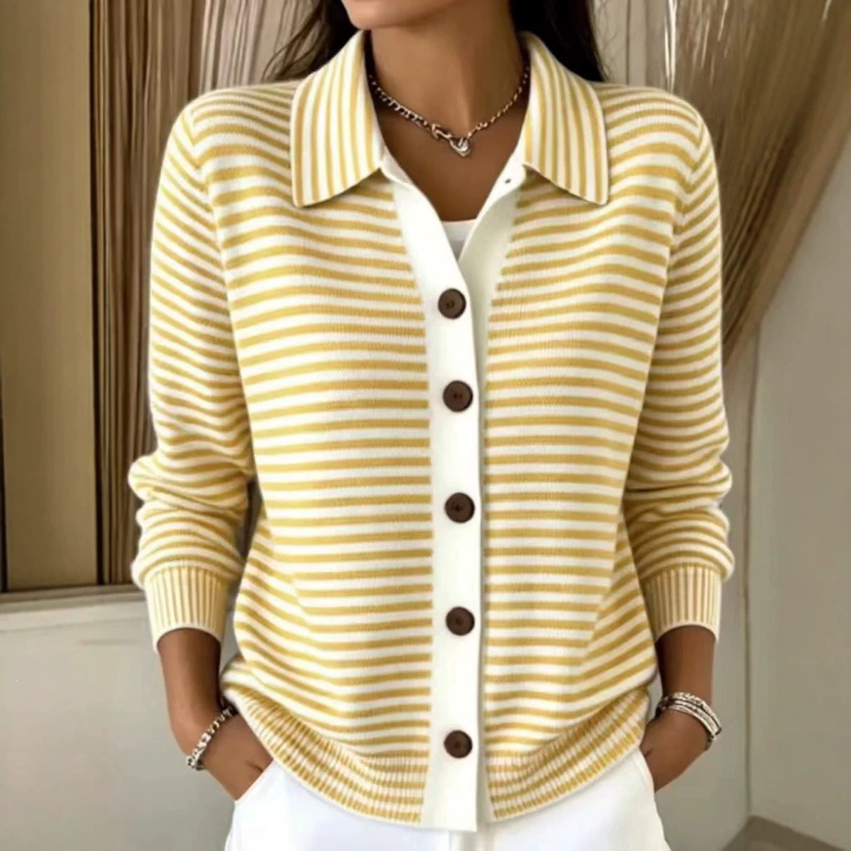 Button-down Knitted Striped Sweater Cardigan Coat NorixaFashion.com