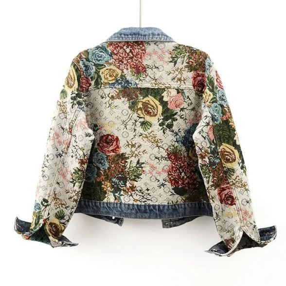 Printed Patchwork Long Sleeve Denim Coat Pi-Mart