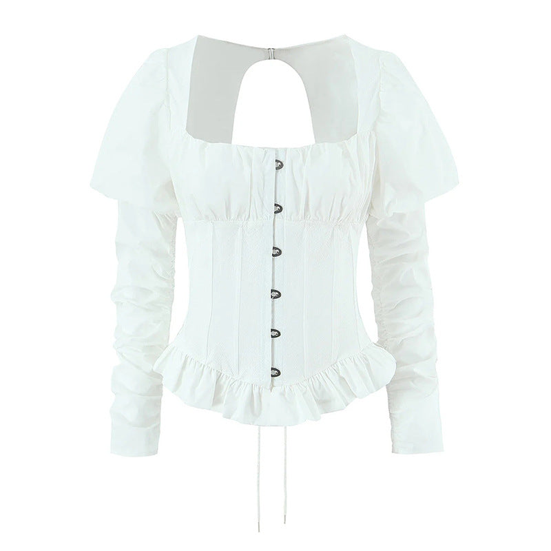 Square Neck Puff Sleeve Corset Peplum Top NorixaFashion.com