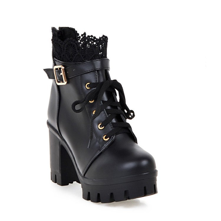 Lace Ankle Boots Lace-up Square Heeled Shoes Women White Black Boots LadyShow.Store