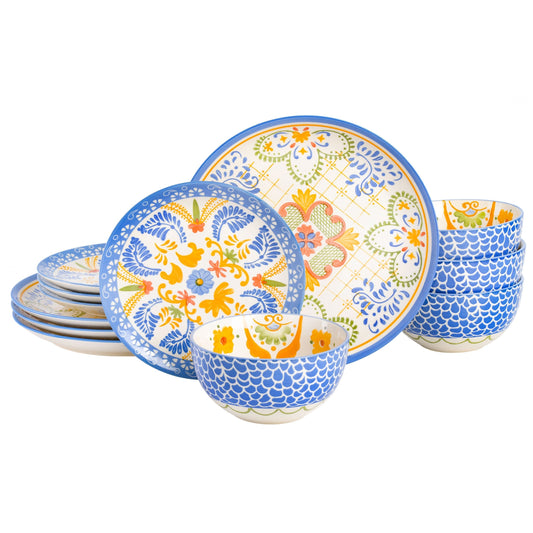 Laurie Gates Tierra Tile 12 Piece Round Stoneware Dinnerware Set in Assorted Designs LuxuryLifeWay Online Store