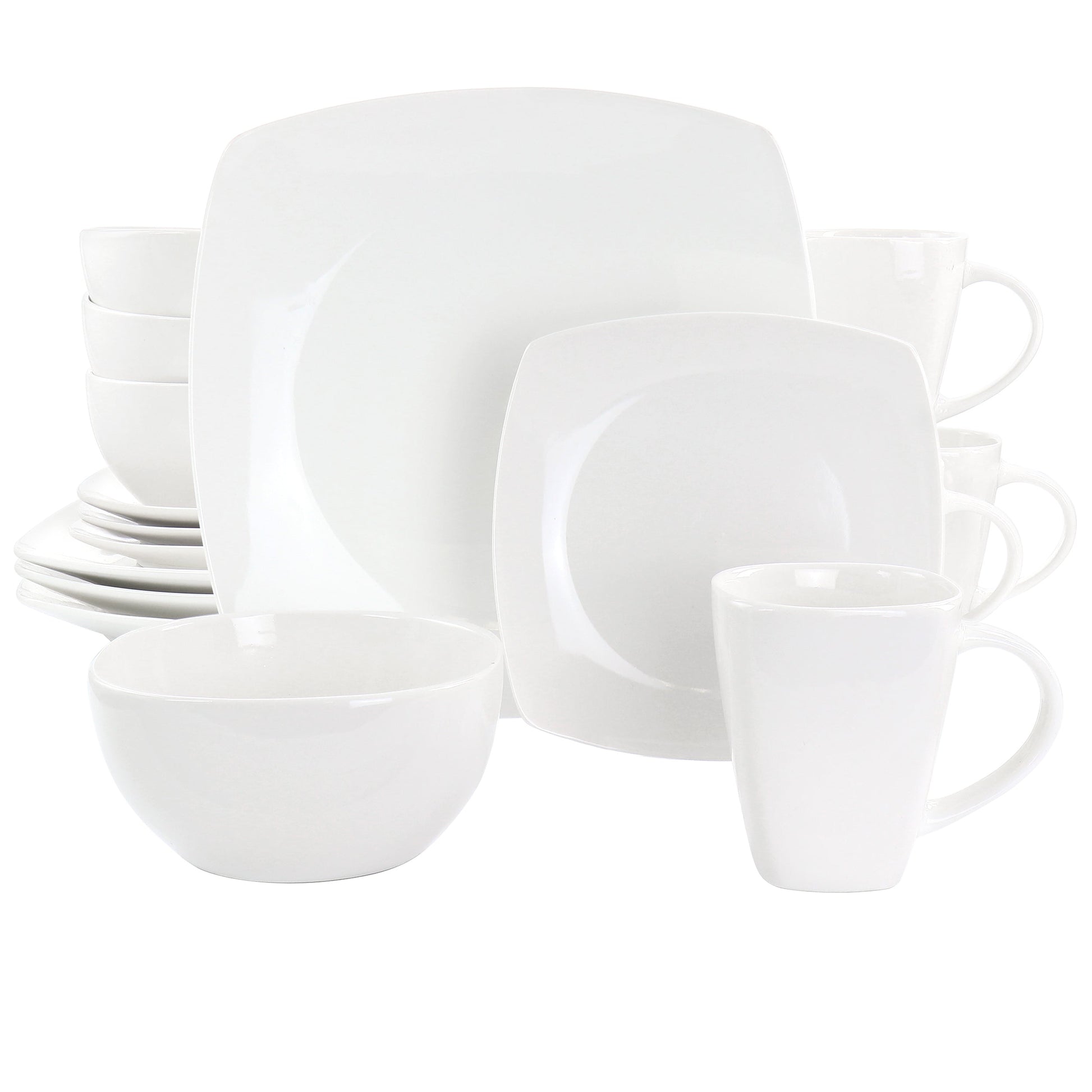 Gibson Elite Soho Lounge 16 Piece Square Fine Ceramic Dinnerware Set in White LuxuryLifeWay Online Store