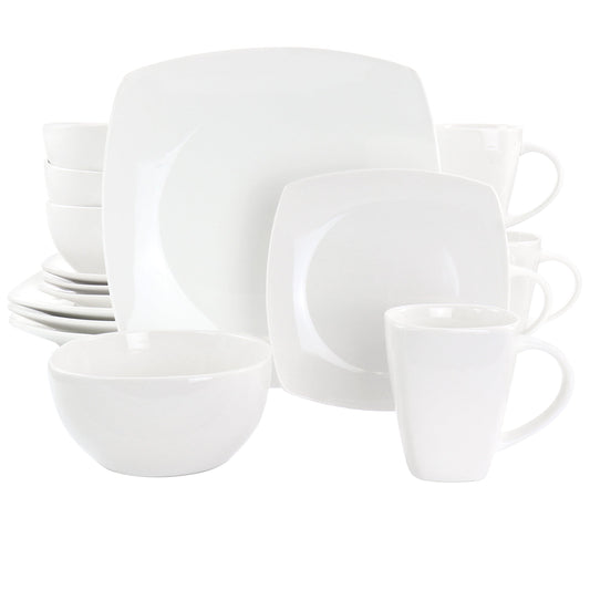 Gibson Elite Soho Lounge 16 Piece Square Fine Ceramic Dinnerware Set in White LuxuryLifeWay Online Store