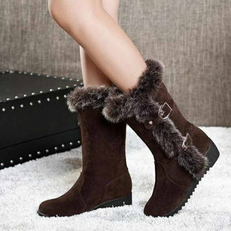 Brown New Winter Women Casual Warm Fur Mid-Calf Boots Shoes Women Slip-On Round Toe Flats Snow Boots Shoes LadyShow.Store