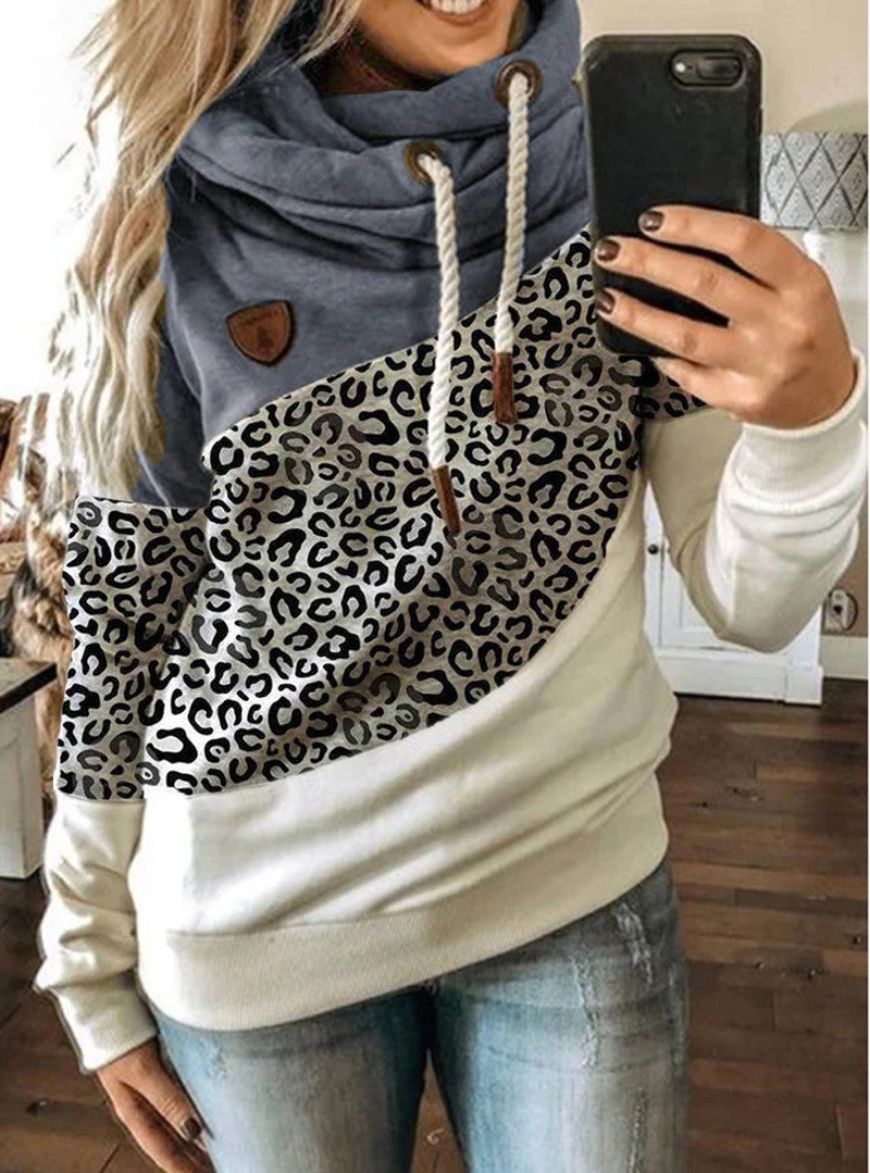 Printed stitching hooded fleece loose sweatshirt