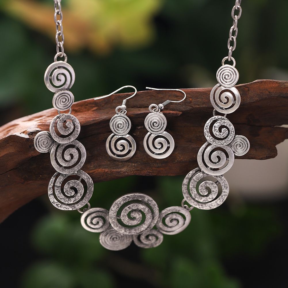 Zinc Alloy Geometric Round Spiral Color Oil Necklace Hollow Design Eardrop Set LadyShow.Store