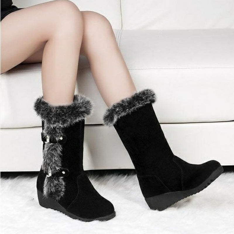 Brown New Winter Women Casual Warm Fur Mid-Calf Boots Shoes Women Slip-On Round Toe Flats Snow Boots Shoes LadyShow.Store