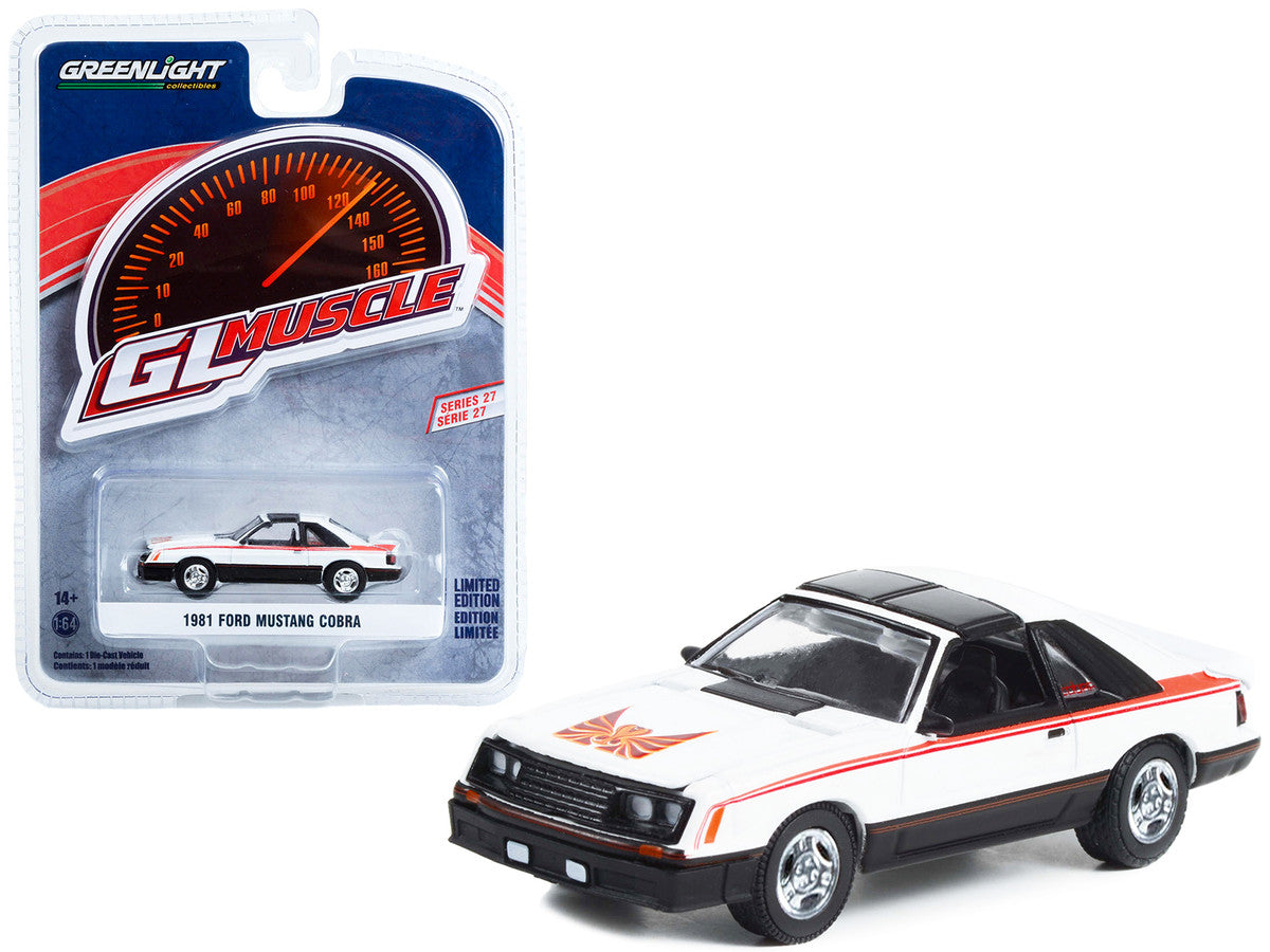 1981 Ford Mustang Cobra Polar White and Black with Red Stripes "Greenlight Muscle" Series 27 1/64 Diecast Model Car by Greenlight LuxuryLifeWay Online Store