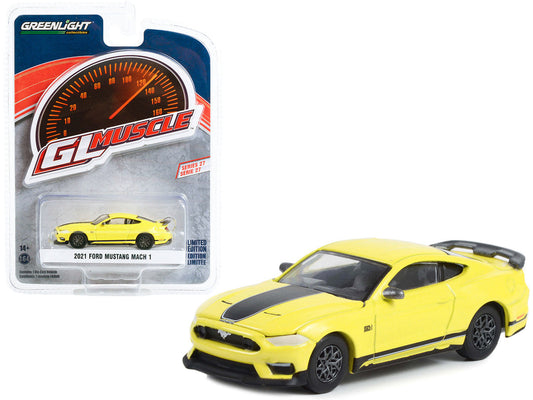 2021 Ford Mustang Mach 1 Grabber Yellow with Black Stripes "Greenlight Muscle" Series 27 1/64 Diecast Model Car by Greenlight LuxuryLifeWay Online Store