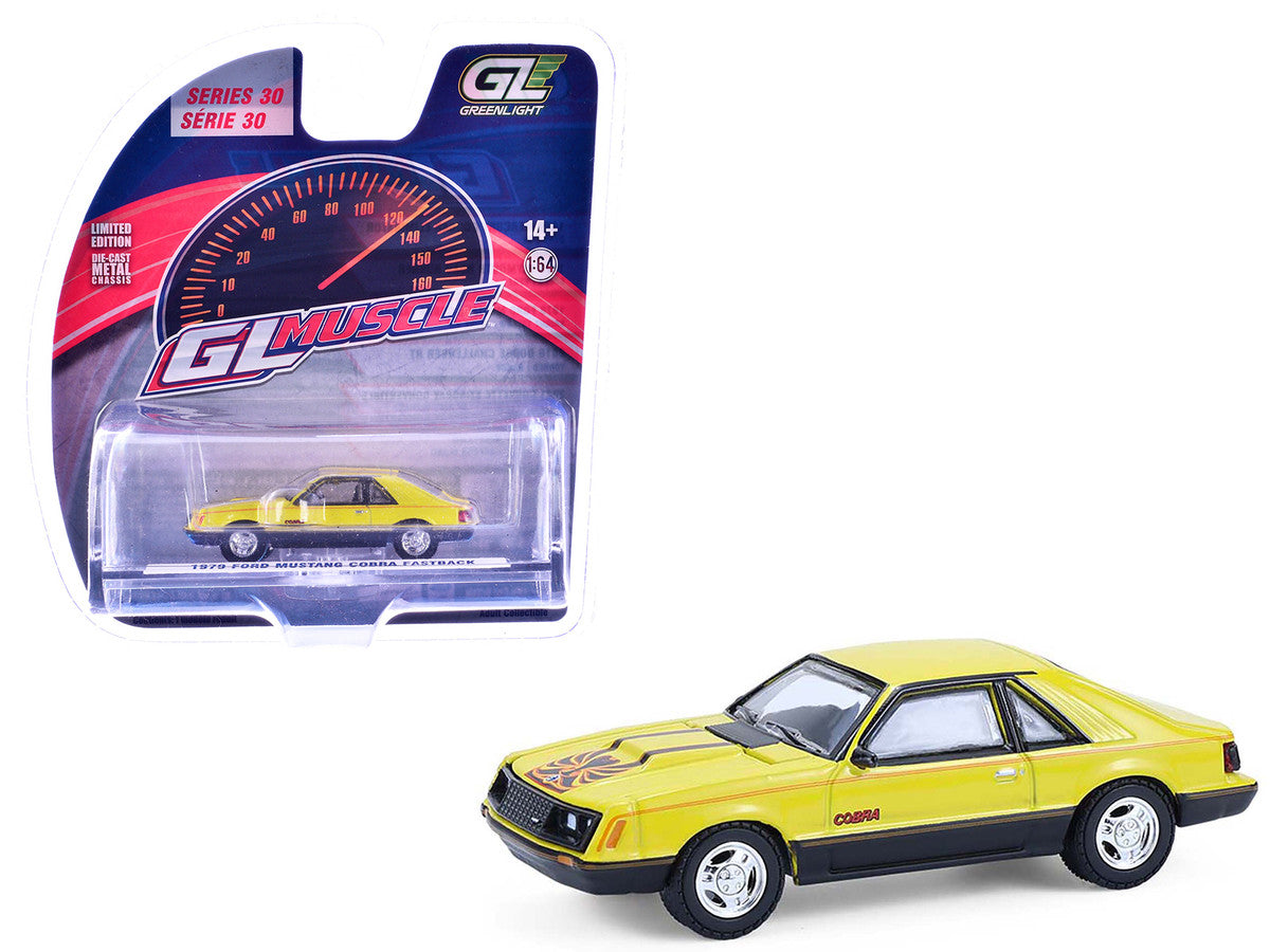 1979 Ford Mustang Cobra Fastback Bright Yellow with Cobra Good Graphics "GreenLight Muscle" Series 30 1/64 Diecast Model Car by Greenlight LuxuryLifeWay Online Store