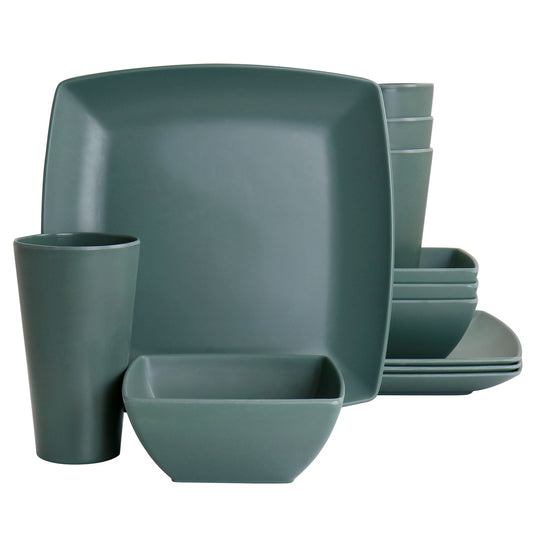 Gibson Home Grayson Melamine 12 Piece Square Dinnerware Set in Green LuxuryLifeWay Online Store