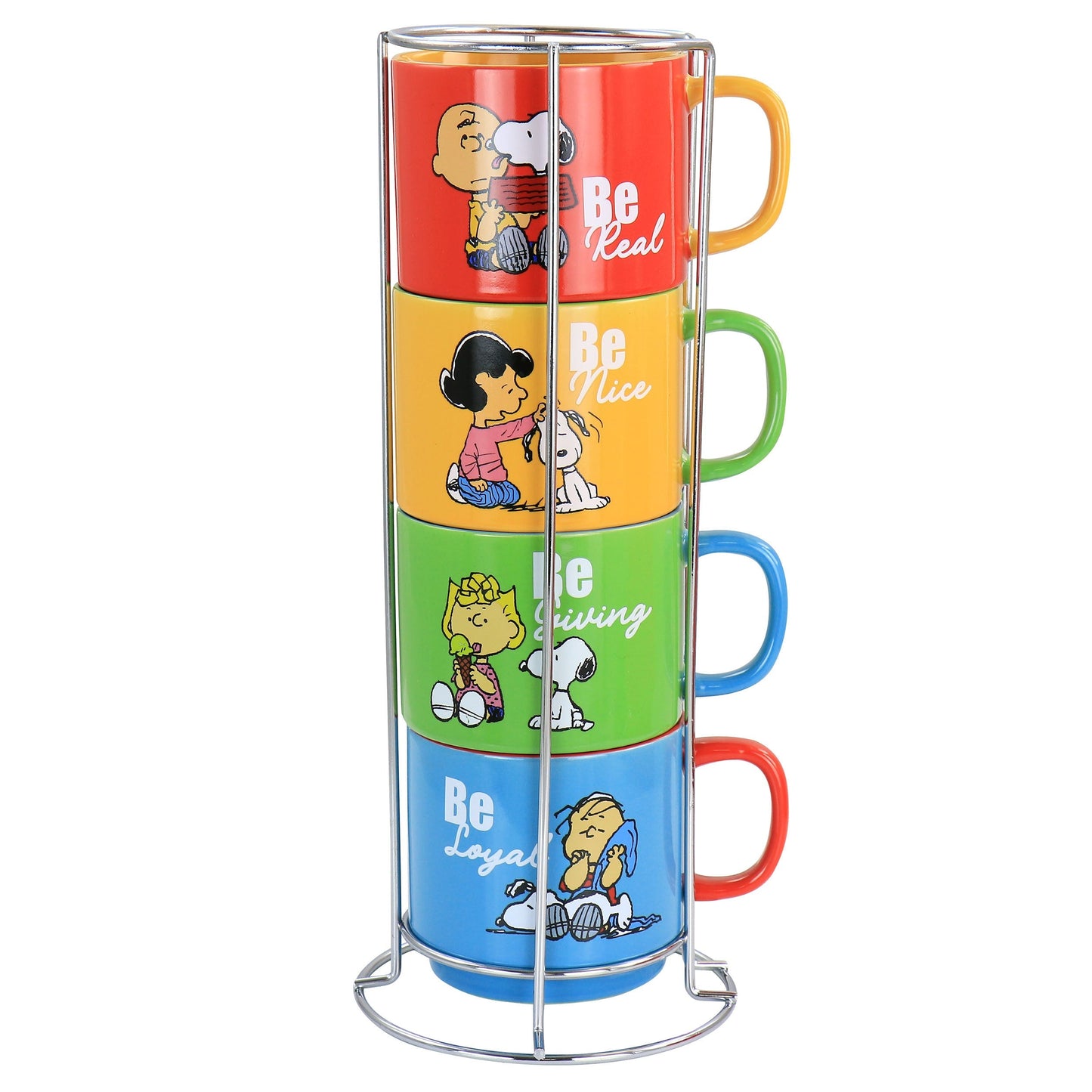 Gibson Peanuts Classic Gentle Reminders Collection 4 Piece Stoneware Stackable Mug Set with Metal Stand in Assorted Colors LuxuryLifeWay Online Store