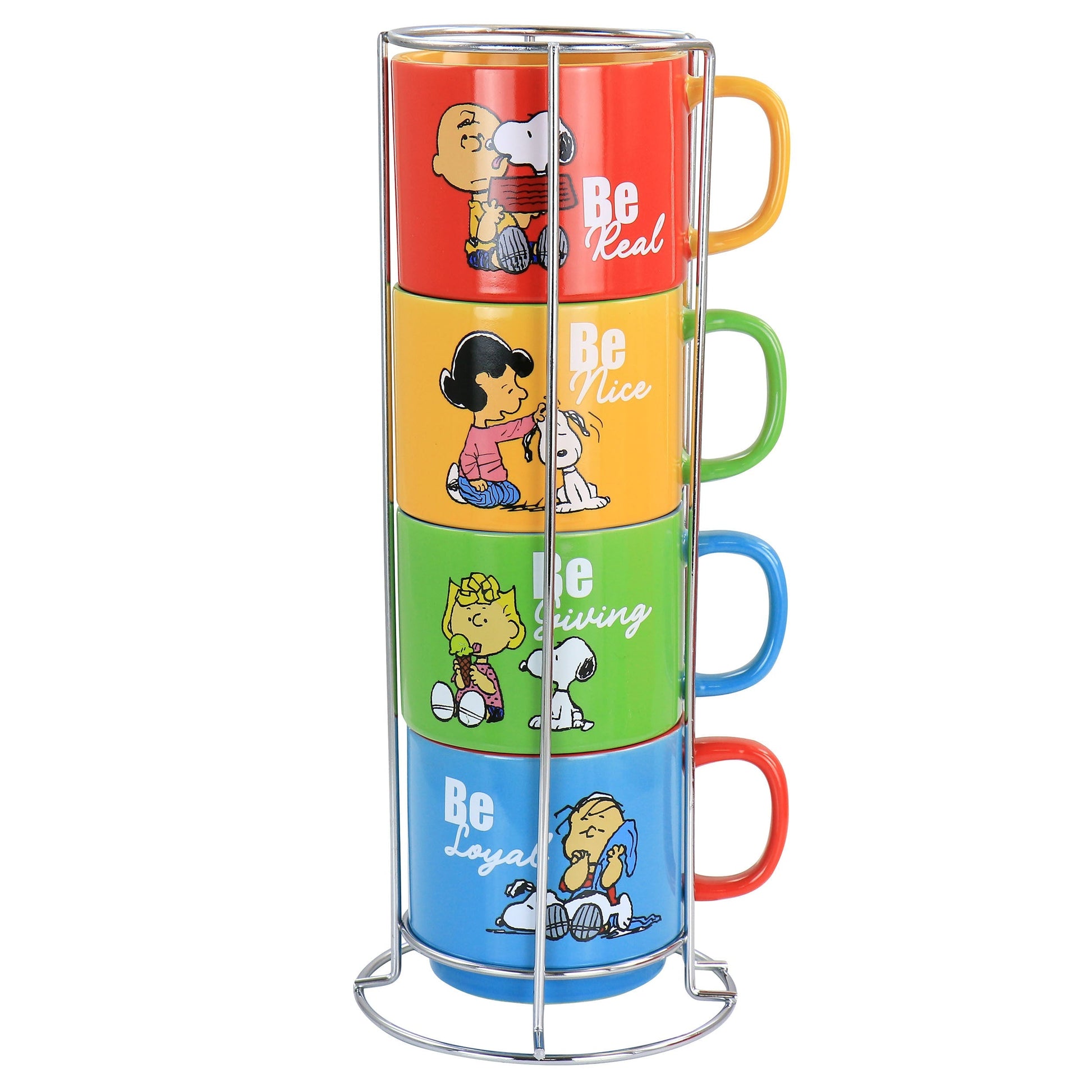 Gibson Peanuts Classic Gentle Reminders Collection 4 Piece Stoneware Stackable Mug Set with Metal Stand in Assorted Colors LuxuryLifeWay Online Store