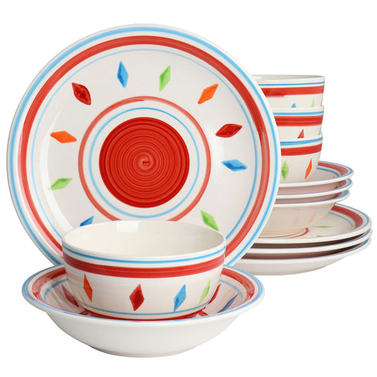 Gibson Home Heidy 12 Piece Hand Painted Durastone Dinnerware Set in Red LuxuryLifeWay Online Store