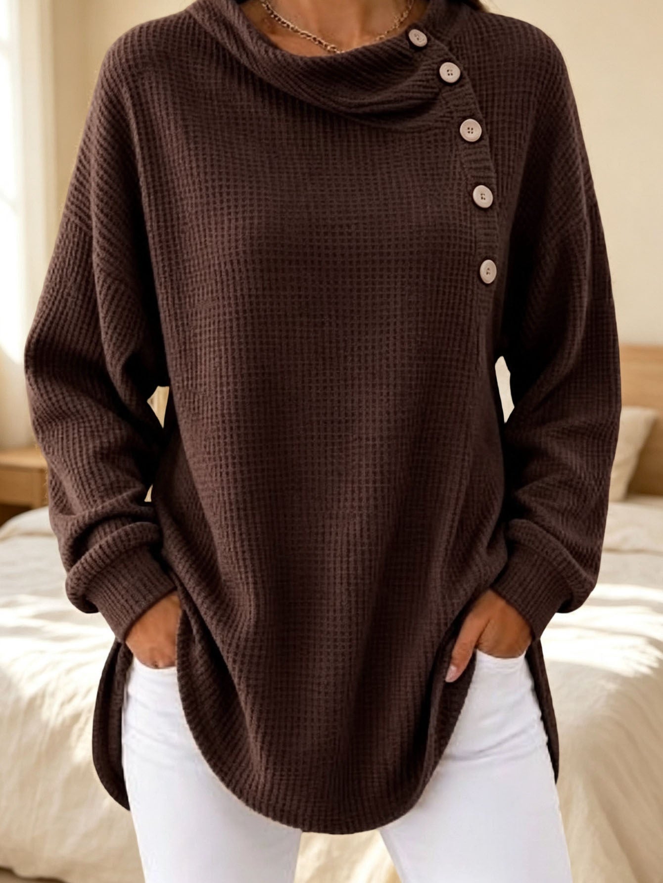 Womens Solid-Color Waffle-Weave Long-Sleeve Button-Up Casual Shirt Comfortable Top NorixaFashion.com