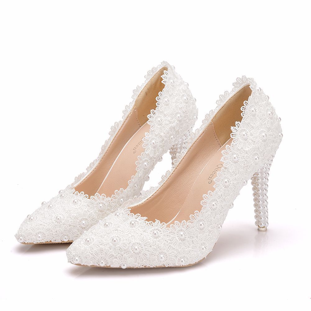 Pearl Lace Large Size Wedding Shoes Stiletto Single Shoes Women LadyShow.Store