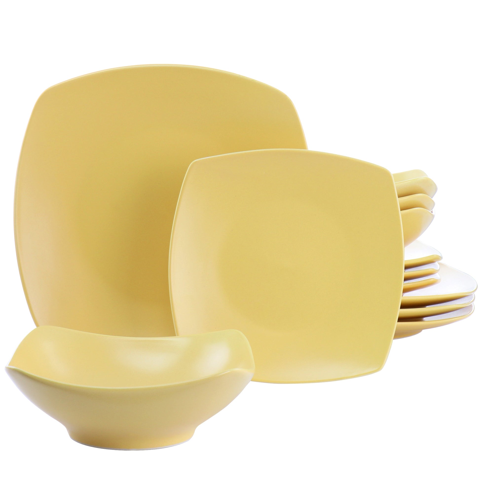 Gibson Home Zen Buffetware 12 Piece Square Fine Ceramic Dinnerware Set in Matte Yellow LuxuryLifeWay Online Store