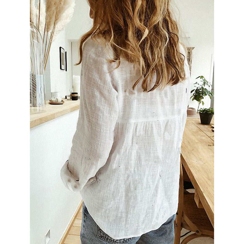 Lapel Long Sleeve Shirt Fashion Solid Color Button Top Women's Clothing NorixaFashion.com